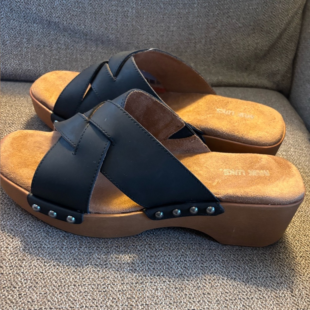 Muk Luks Black and Tan Mules
